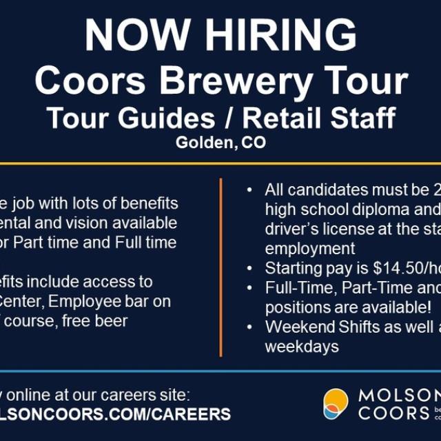 Looking for a fun job with great benefits? We are currently hiring tour guides and retail associates to join our team as we prepare to welcome visitors back to the brewery in early 2022. For more information and to submit an application, please visit www.molsoncoors.com/careers